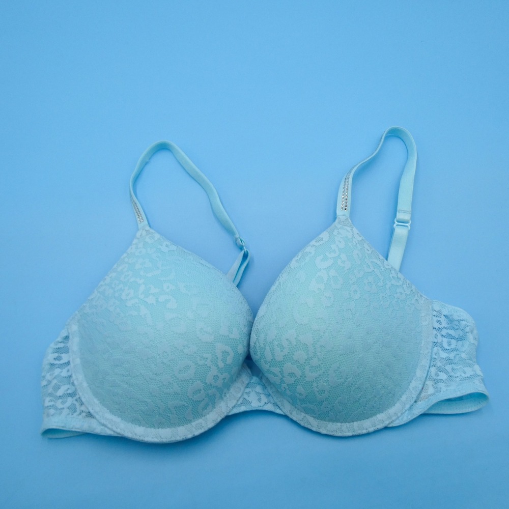 Pink Victoria's Secret Bra Womens 34B Wear Everywhere Push-Up Blue Lace Nylon